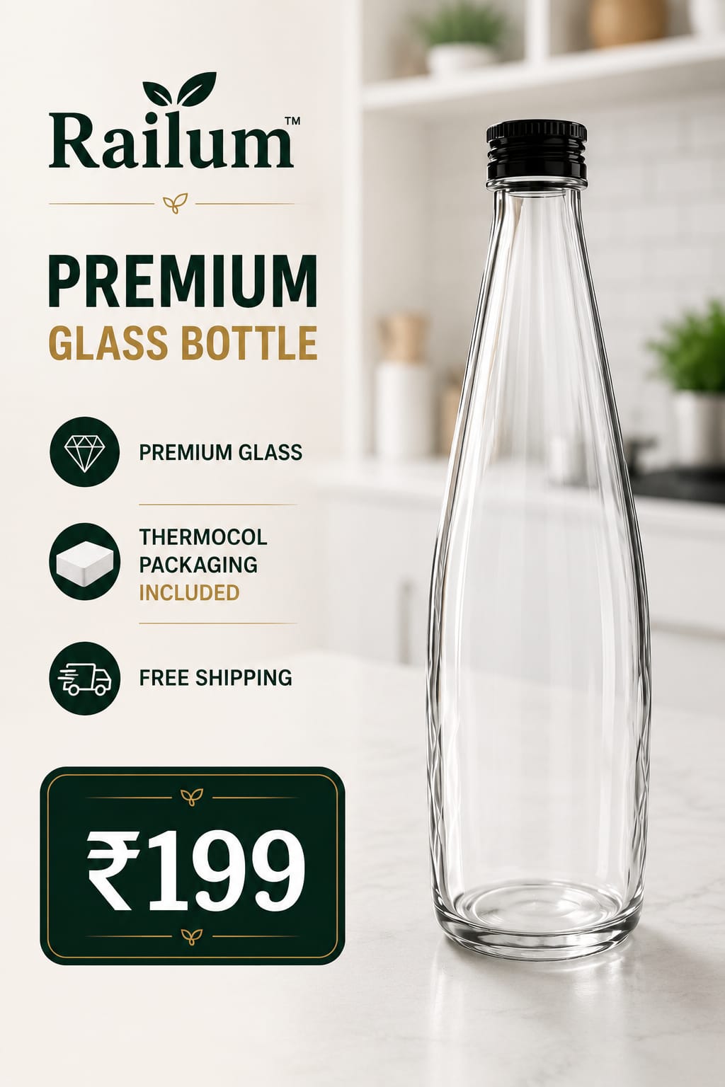 Railum Reusable Glass Water Bottle, Without bag [1 Litre]