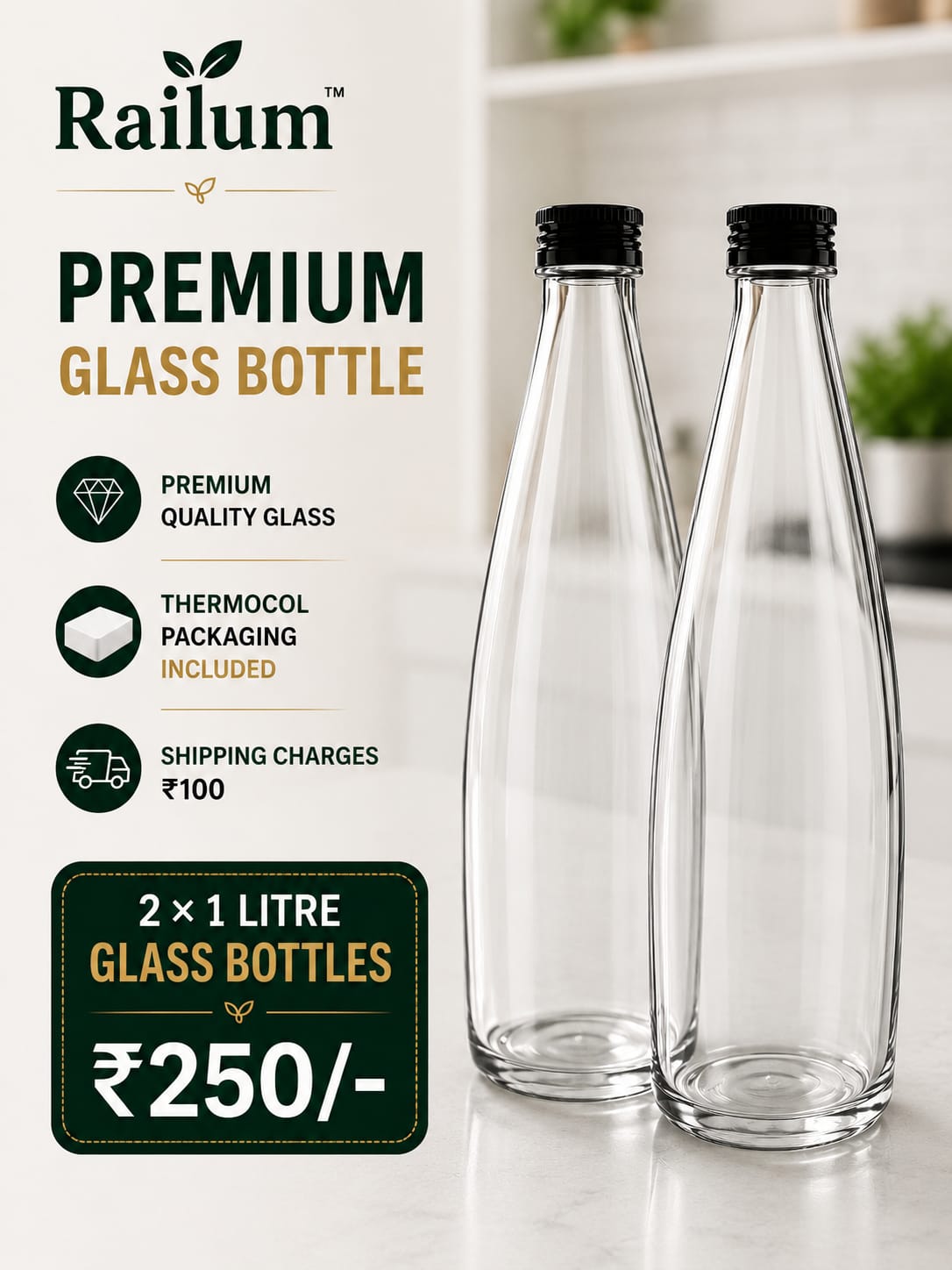 Railum Reusable Glass Water Bottle, Without bag [1 Litre]