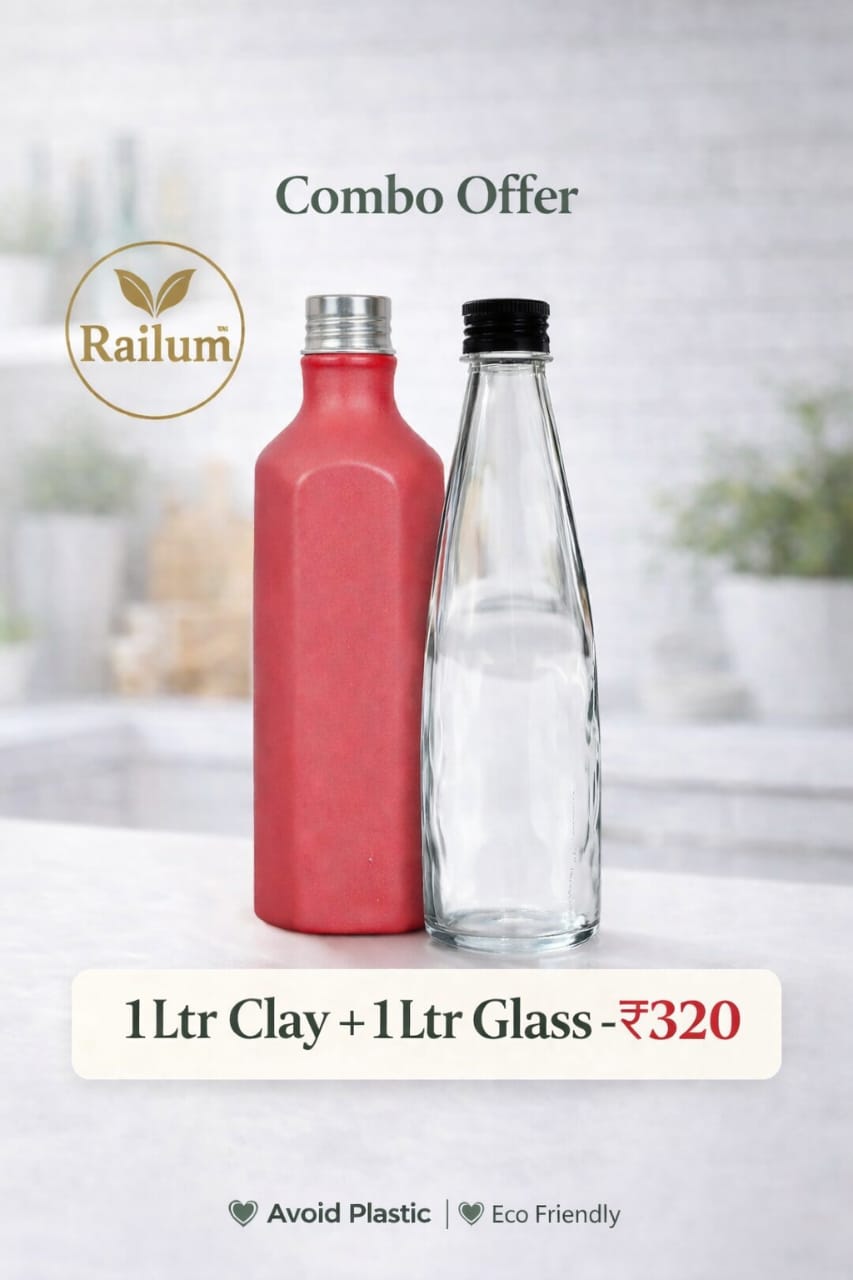 Railum natural Clay and Glass water bottle COMBO [1 Litre, 1 clay bottle and 1 glass bottle]