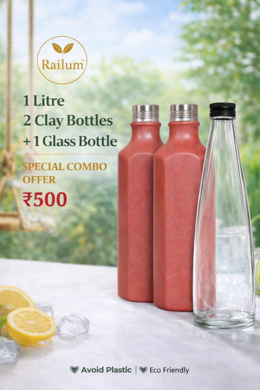 Railum natural clay and glass water bottles COMBO [1 litre, 2 clay bottles and 1 glass bottle]