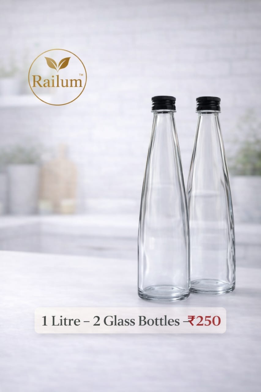 Railum natural glass water bottle [1 litre COMBO, 2 bottles]