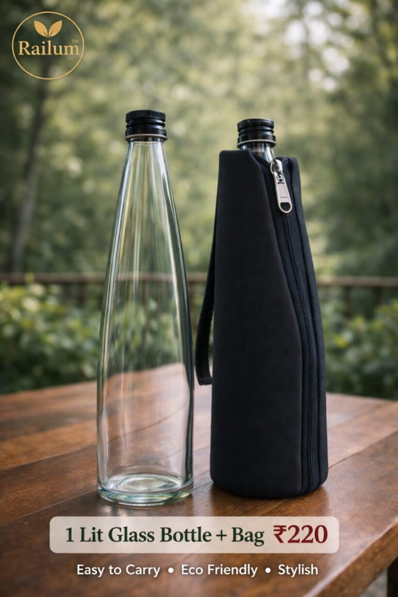 One litre Glass Water bottle, With bag [1000 ml]