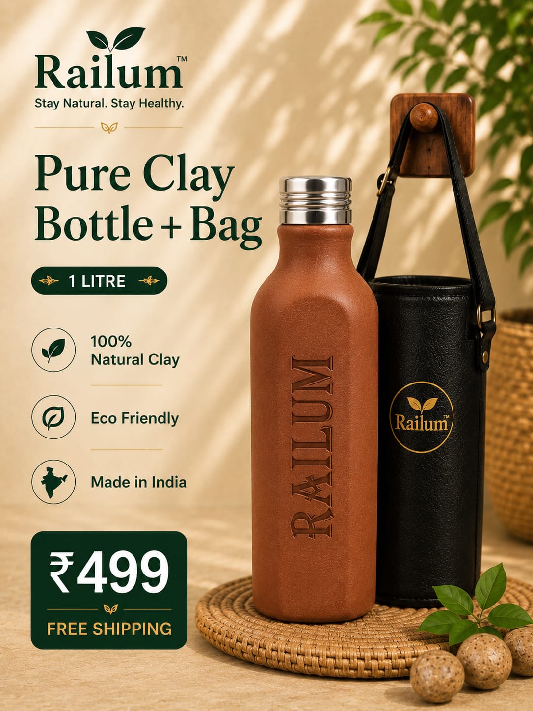 Pure clay bottle+ bag [1 liter]