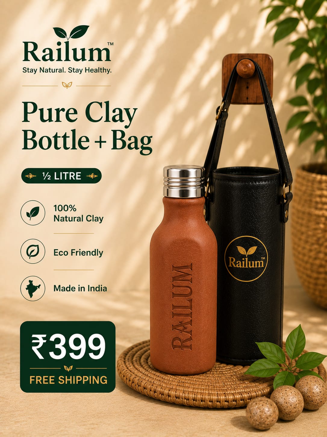 Half litre Pure Clay Bottle + bag [500 ml]