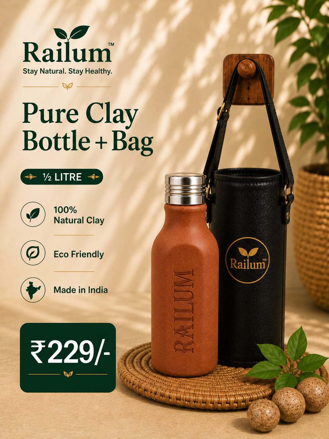 Half litre Pure Clay Bottle + bag [500 ml]