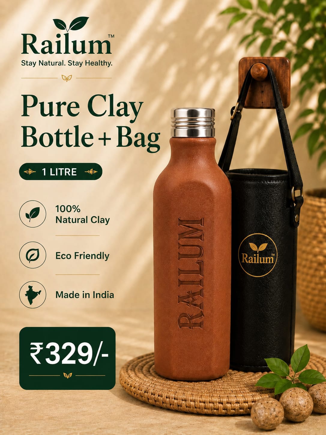 Pure clay bottle+ bag [1 liter]