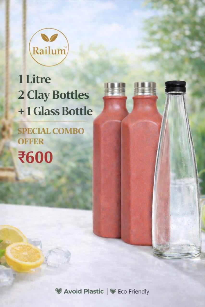 Railum natural clay and glass water bottles COMBO [1 litre, 2 clay bottles and 1 glass bottle]
