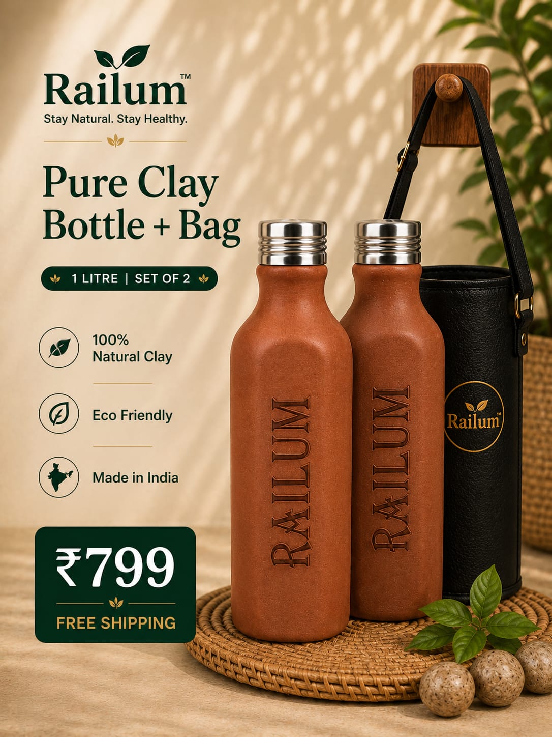 Pure Clay bottle 1 litre [ 2 Bottle Combo]