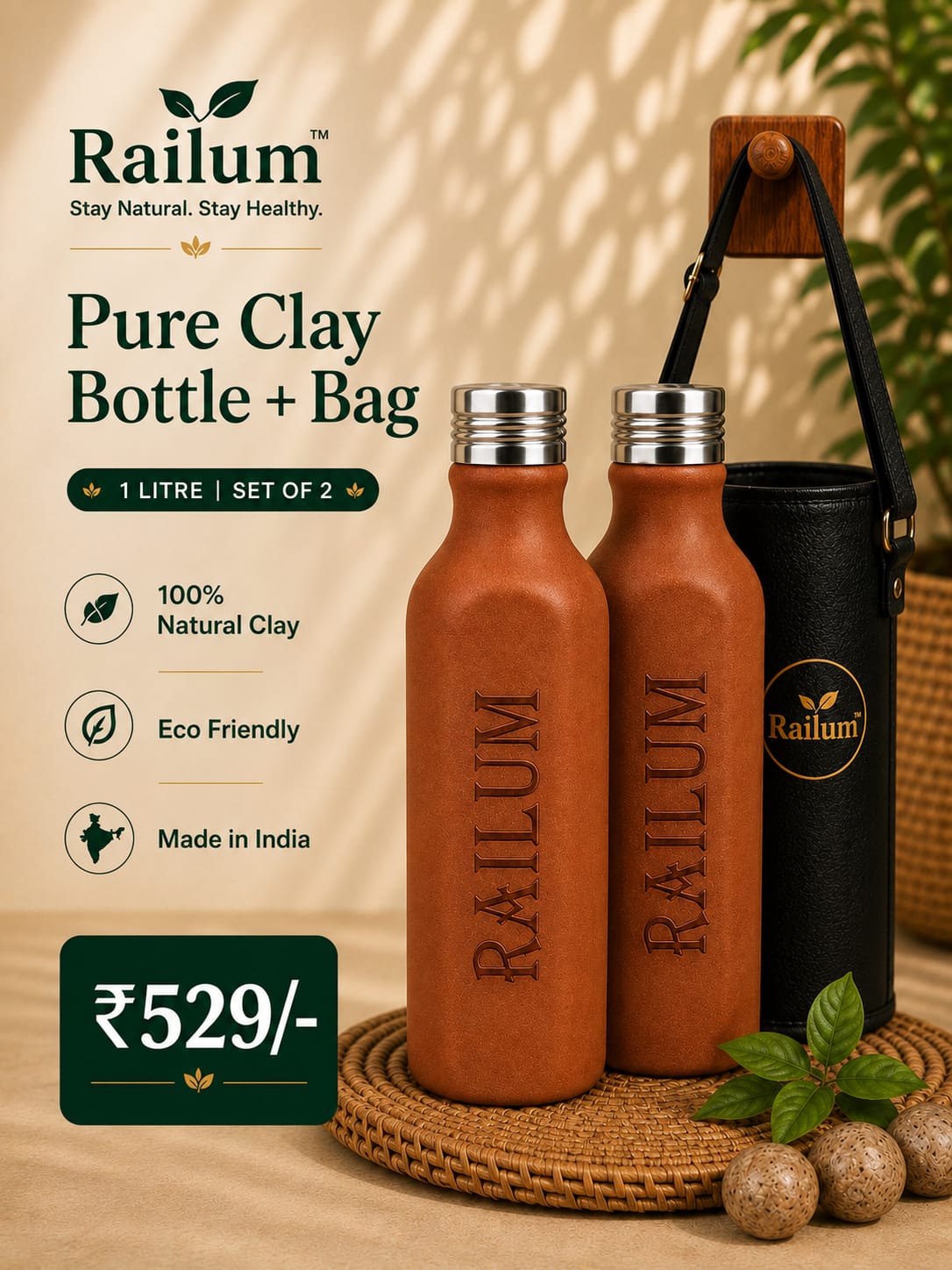 Pure Clay bottle 1 litre + Bag [ 2 Bottle Combo]