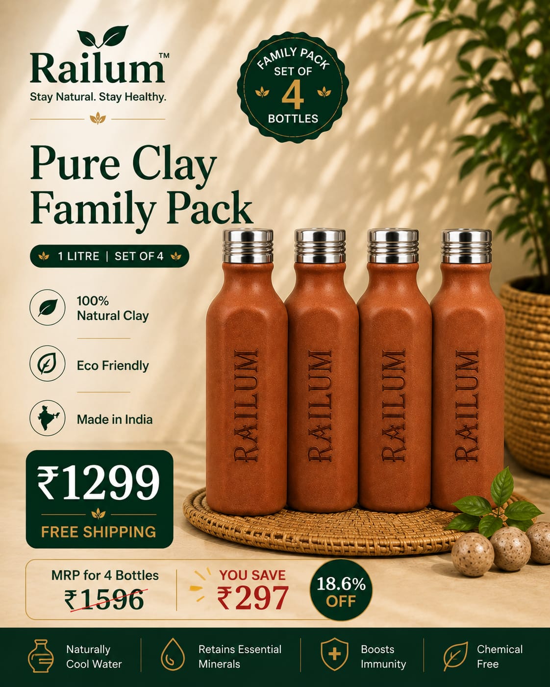 Pure Clay bottle 1 litre [ 4 Bottle Combo]