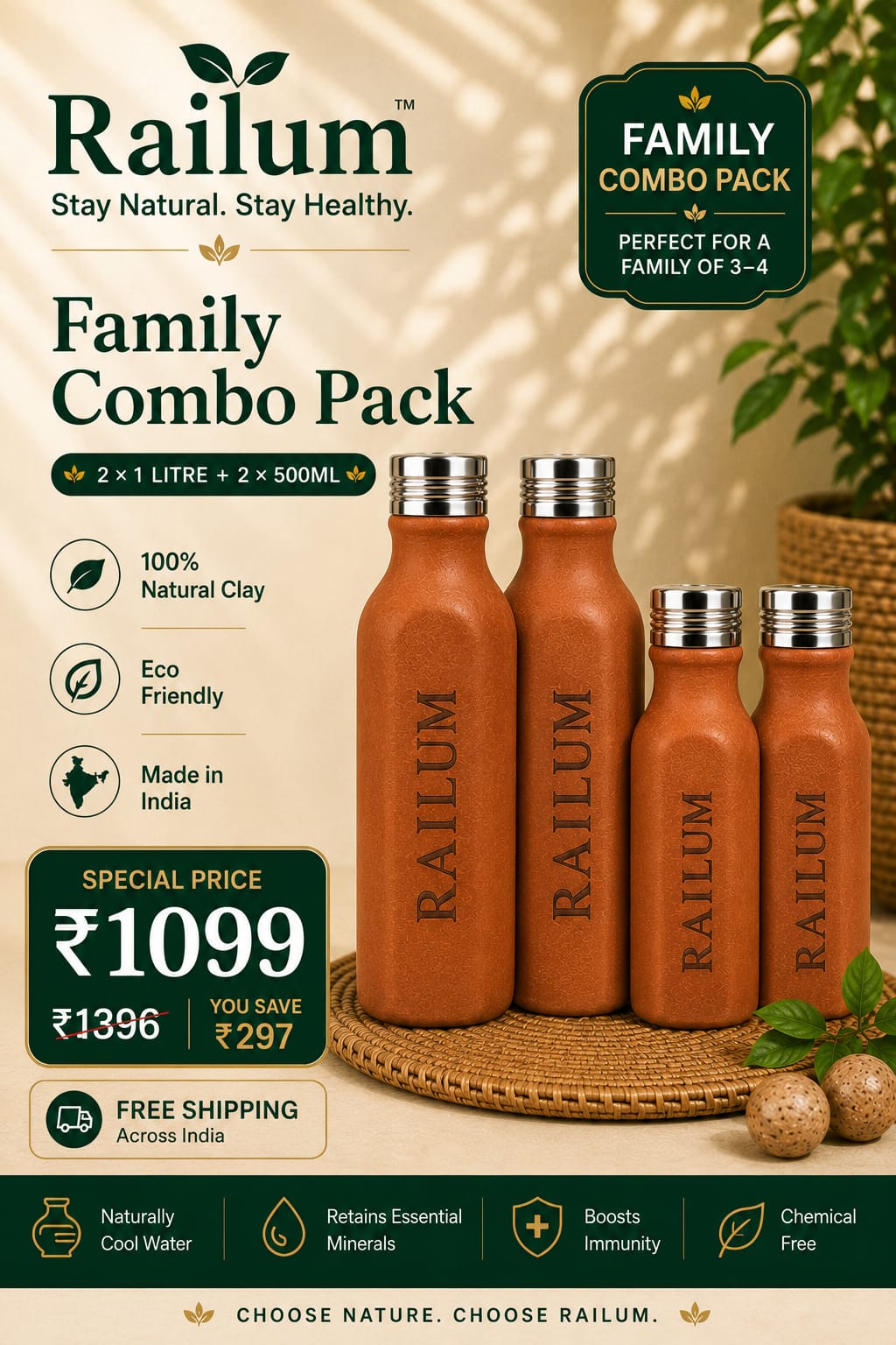 Pure Clay bottle 1 litre-2, 1/2 litre-2 [Combo offer]