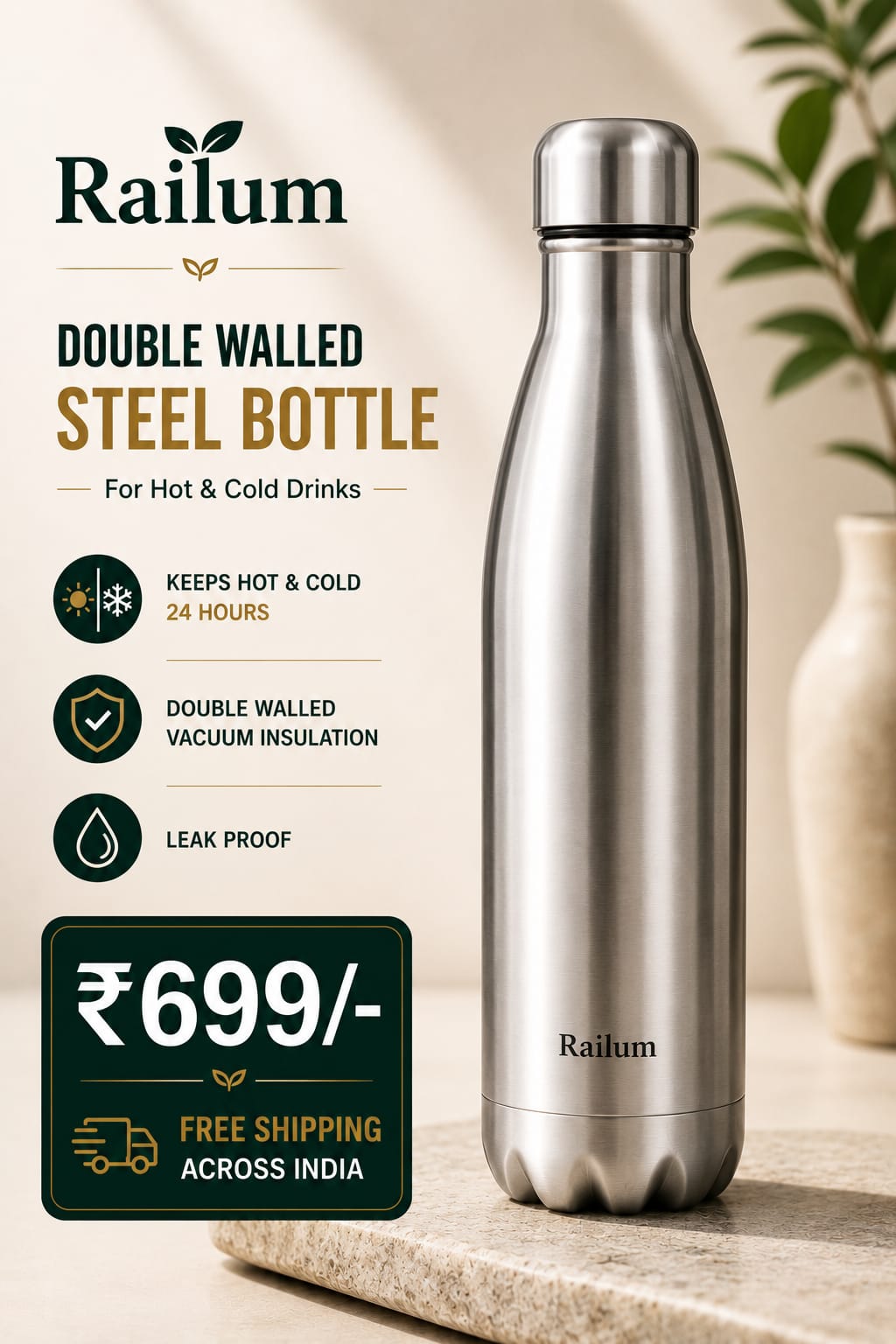 Double-Walled Stainless Steel Water Bottle [ 900 ml]
