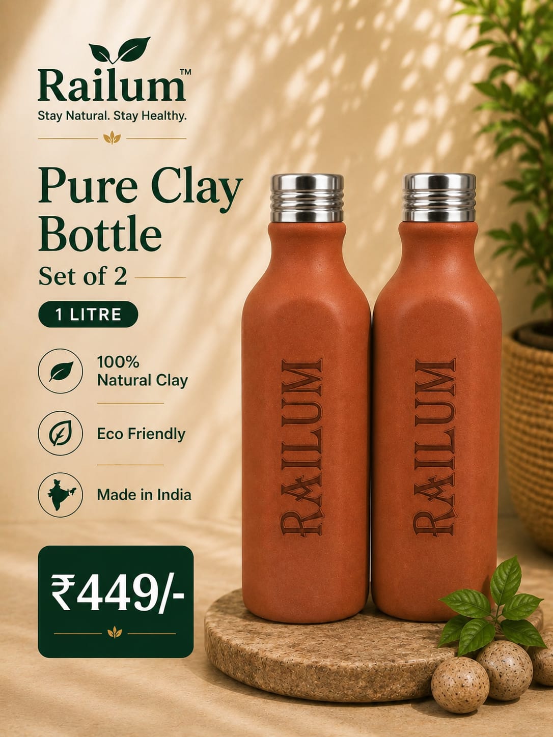 Pure Clay bottle 1 litre [ 2 Bottle Combo]